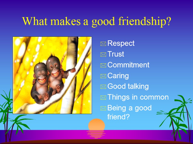 What makes a good friendship? Respect Trust Commitment Caring Good talking Things in common